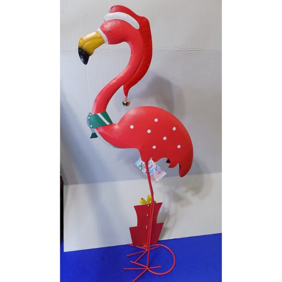 NEW Christmas Metal Flamingo Statue Figurine Florida Coastal Decor - Picture 8 of 9